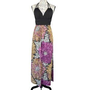 Pretty Good Halter Maxi Dress Women’s Small Black Multicolor Floral Empire Waist